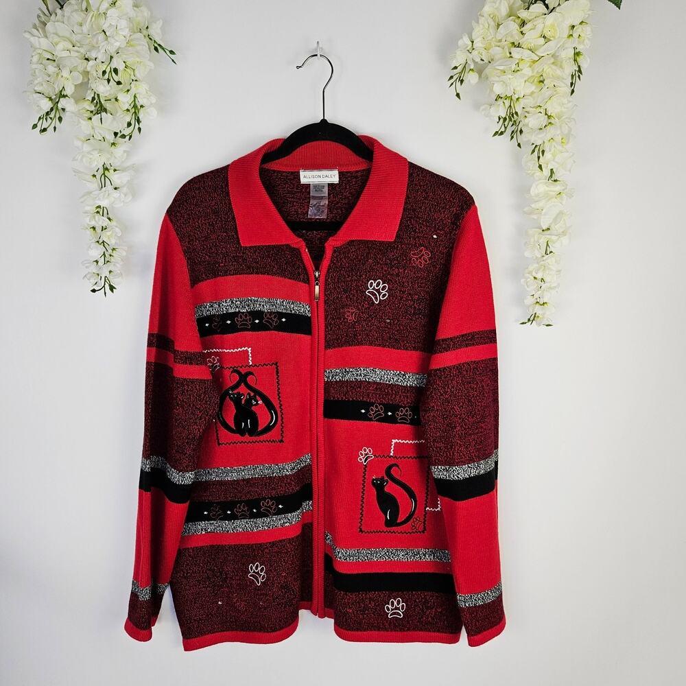 Allison Daley Cat Sweater Jacket Zip Cardigan XL Red Black Striped Embroidered